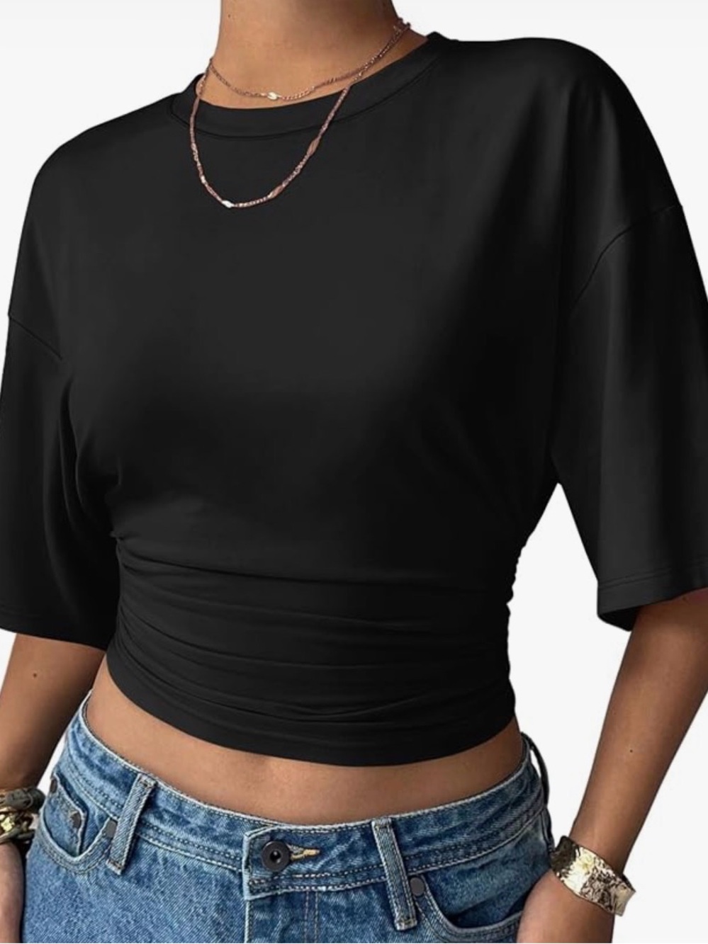 Ruched Waist Black and Olive Green Crop Tees (set of 2)